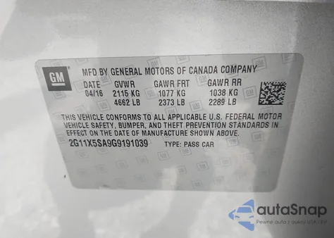 2016 Chevrolet Impala 1Fl z USA, uszkodzony, nr VIN 2G11X5SA9G9191039